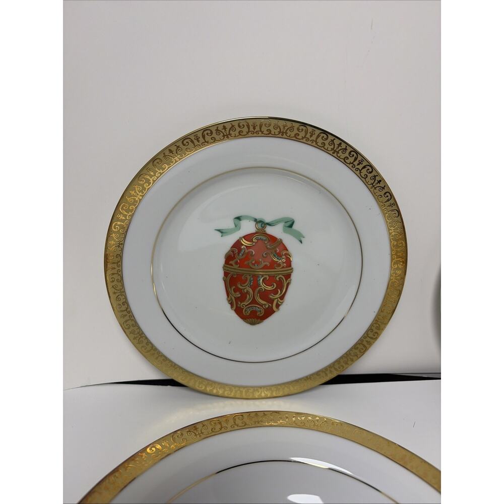 2 Gold Buffet Royal Gallery Faberge Egg Salad Plates Orange & Purple 2 Bowls - Picture 2 of 7